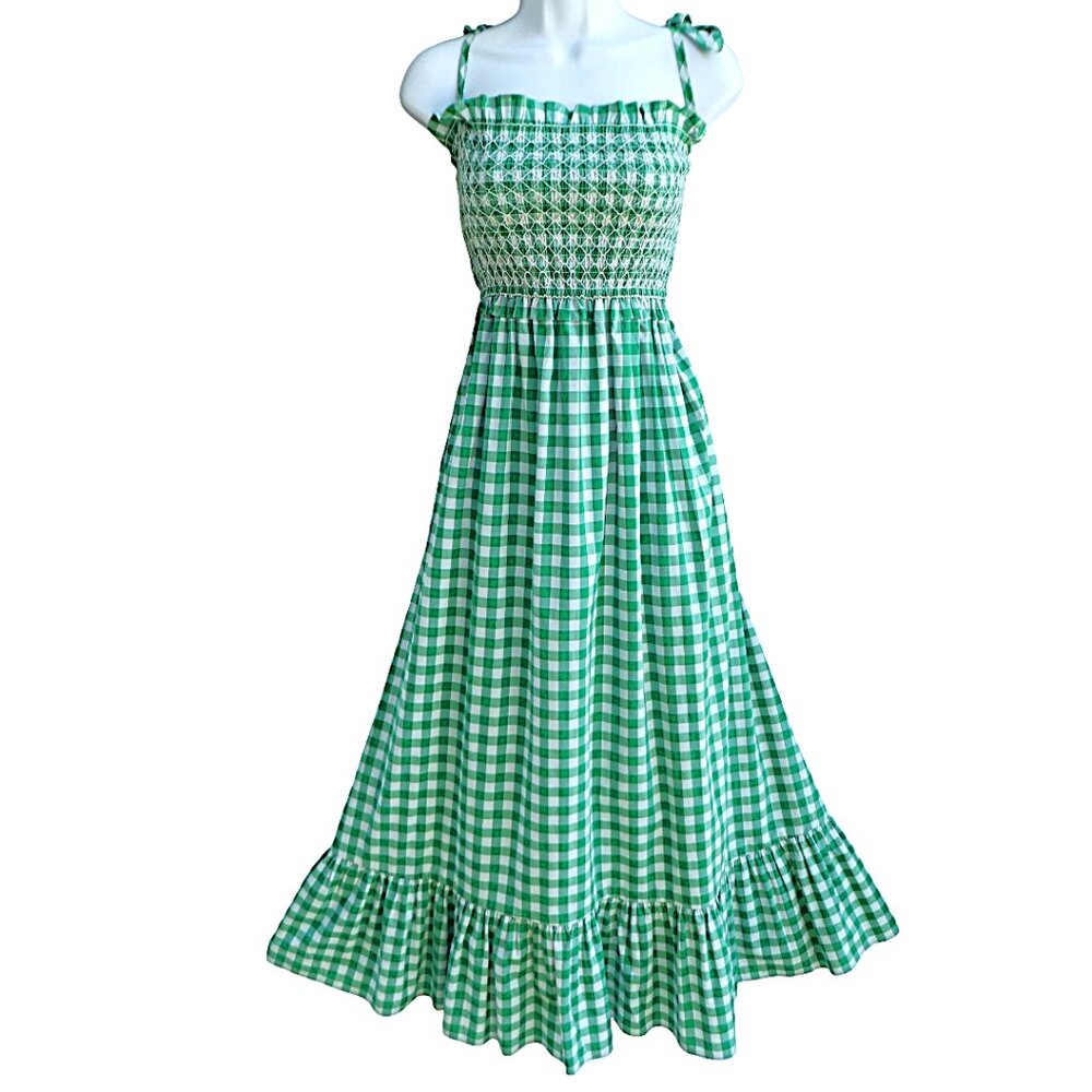 Kate Spade New York Green Gingham Maxi Dress Smocked Bodice Ruffle Hem Unlined S